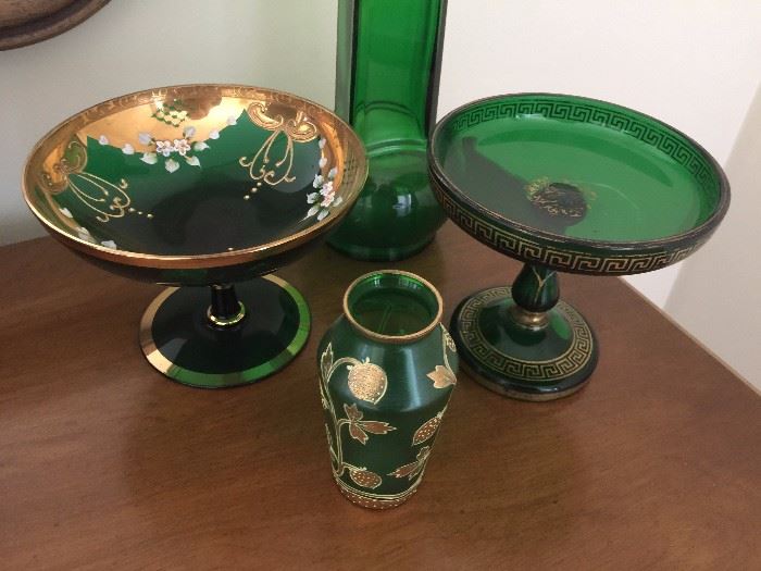 Antique Seyei glass green and gold gilt compotes with painted flowers and designs