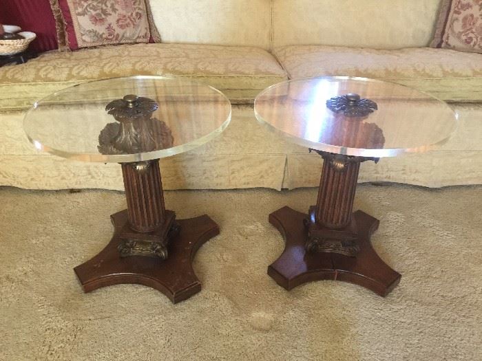 Mid century wood and round lucite column tables - custom made 