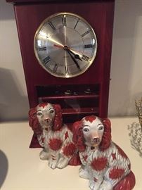 Clock (Quartz) and two Staffordshire-style dogs