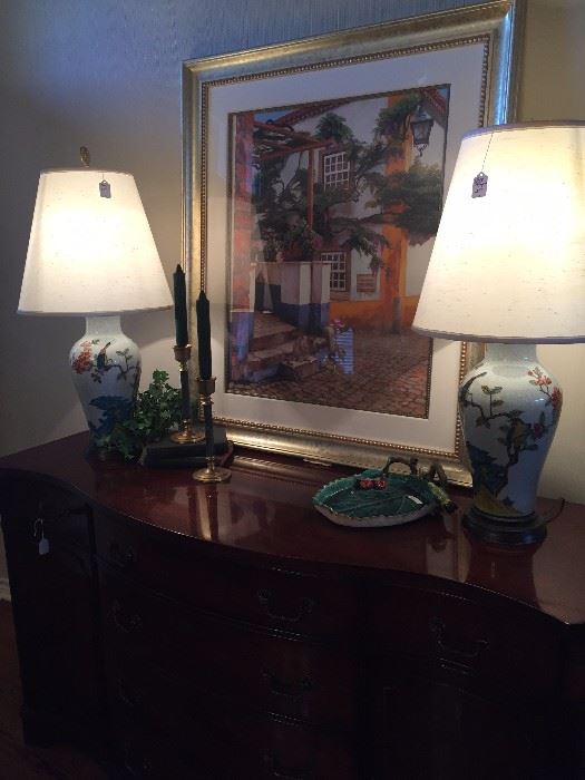 Matching Asian lamps; framed art