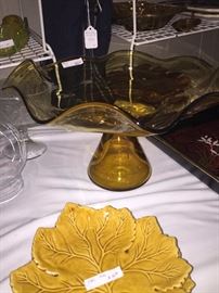 Gold pedestal glass bowl; one of several leaf-shaped serving dishes