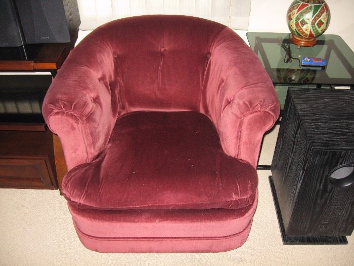Living Room  Maroon chair, ONKYO skw-200, Camel Bladder Lamp, Glass side table