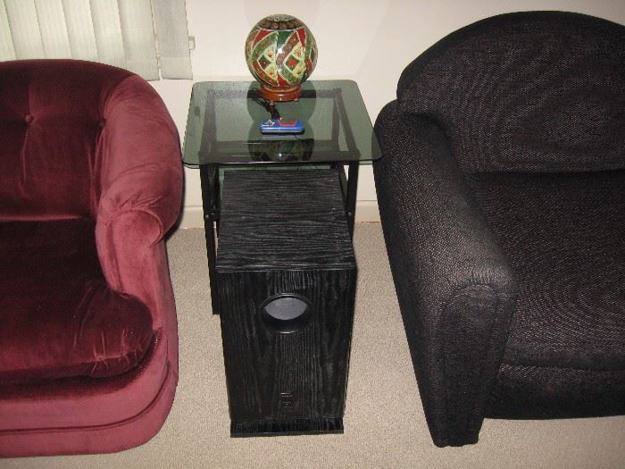 Living Room  Maroon chair, ONKYO skw-200, Camel Bladder Lamp, Glass side table, Blue/Grey Chair