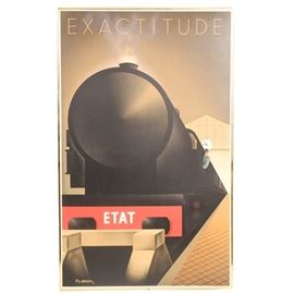"Exactitude" Fix-Masseau Original Poster: An “Exactitude” Fix-Masseau original poster. This offset lithograph poster depicts a train, marked “Etat”, with a conductor aboard and a clock in the background. The top of the poster is marked with “Exactitude”. The poster is signed in plate in the lower left with “Fix-Masseau 32”. The very bottom of the poster is marked with “Lithographie de Fix Masseau…” with the rest of the marking obscured by the frame. The poster is not matted but is housed in a brass finish frame and is not under glass.