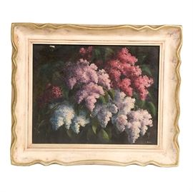 J. Sharp Signed Painting of Delphiniums: A J. Sharp signed painting of delphiniums. This acrylic painting on canvas depicts bunches of multi-colored delphinium blooms. The painting is signed in the lower right corner with “J. Sharp”. The painting is housed in a wooden frame but is not under glass.