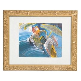 Peter Max Offset Lithograph: A Peter Max offset lithograph. This offset lithograph depicts an abstract representation of an individual holding an umbrella. The palette is predominantly blues, yellows, and reds. The lithograph is signed in plate in the lower left corner with “MAX”. The lithograph is matted and housed in a frame under glass. The back of the frame is unmarked.