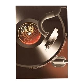 Vintage A.M. Cassandre "Pathé" Lithograph: A vintage A.M. Cassandre “Pathé” lithograph. This offset lithograph is printed on board and depicts a record marked “Pathé” on a turntable along with the inscription “L’Enregistrement Electrique Le Plus Perfectionne”. The print is signed in plate in the upper right corner “A.M. Cassandre 32”. The print is originally an advertisement for the French film production and distribution company, Pathé, made circa 1980. This piece is unframed and unmarked on the back.
