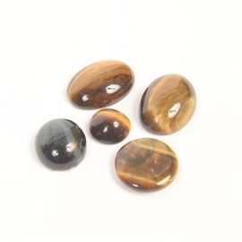 Loose Tiger Eye Stones: A collection of loose Tiger Eye stones. The five stones are in various shapes and sizes. Each stone has a different color variants from each other.