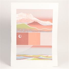Alvena McCormick "Genesis II" Offset Lithograph: An Alvena McCormick “Genesis II” offset lithograph. This offset lithograph depicts an abstract mountain scene utilizing a palette of pinks, greens, and blues. The lithograph is signed in the lower right corner by hand in pencil with “Alvena McCormick ’79 ©”. The bottom of the print in the center is marked with the title, “Genesis II”. The lower left corner is marked by hand in pencil with “A/P”. The print is not framed.