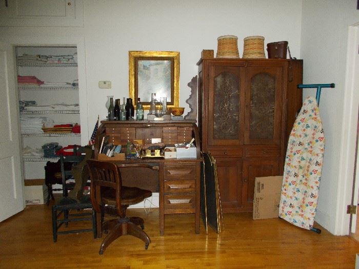 unusual roll top desk with many little drawers! Great pie safe with original tin! 