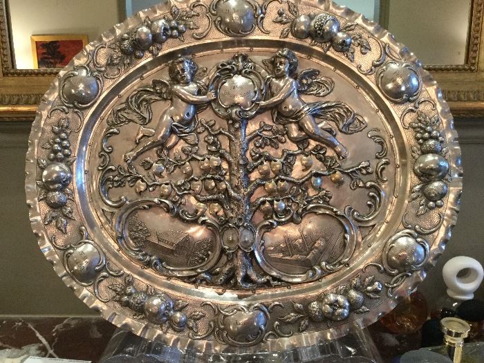 19th Century German silver Family Tree Charger on custom lucite stand - purchased from Lloyd-Paxton