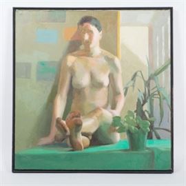 Robba Oil on Canvas "The Green Table": A signed oil painting on canvas by artist Robba titled The Green Table. The canvas depicts the figure of a nude woman seated on a green-covered table, her outstretched legs crossed. The painting features broad brushstrokes in muted tones of green and beige. A small potted plant is in the foreground and a large floor plant is in the background. The piece is signed “Robba” at the lower right corner and is displayed shadowbox-style in a black wood frame. The verso of the stretcher has handwritten notations in black ink reading, “ROBBA 1988 ’THE GREEN TABLE.”