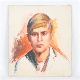 Eleanor Hill Oil on Canvas Study of a Young Man: An oil on canvas portrait study of a young man by Eleanor Hill (American, d. 2016). This portrait depicts a a young man with parted blonde hair and sporting a white, thin lapel jacket with orange, red, and yellow tone background. The work bears a stamp for “Eleanor Hill” in “Gloucester, MA” on the back side of the canvas.