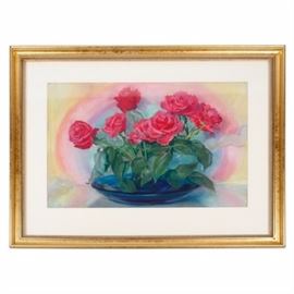 Emily B. Waite Roses in a Blue Bowl Pastel on Paper: A pastel on paper depicting roses in a blue bowl by by Emily Burling Waite (American, 1887 – 1980). Red roses are set into a shallow blue bowl are set against a yellow background with a halo effect around the roses. The plate is signed in the lower left in graphite “Emily Burling Waite”, matted and housed in a gold-tone beaded wood frame under glass.