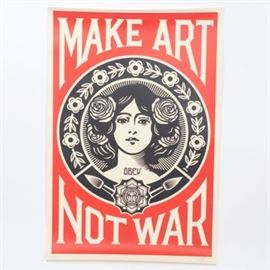 Signed Shephard Fairey "Make Art Not War" Poster: A signed offset lithograph poster by Shephard Fairey (American, b. 1970_ titled Make Art Not War. This poster is part of Fairey’s “Obey Giant” campaign. It is hand-signed by the artist at the lower right. Included is a “Manifesto” message, explaining the purpose of Fairey’s propaganda posters, as well as an “André the Giant Has a Posse” bumper sticker.