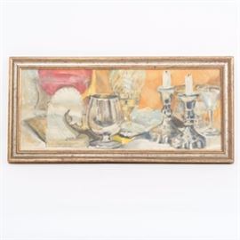 Table Setting Still Life Oil on Linen: An original oil on linen painting of a table setting, including candlesticks and glasses. The painting is in tones of silver, yellow, and red, and is framed in copper painted wood. This piece is not signed but is marked “24” to reverse.