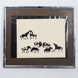 1974 Wild Horses Decoupage: A 1974 wild horses decoupage. The piece features black silhouette cut-outs of eight mustangs depicted in various stages of fighting. It is signed at lower left and dated 7/29/74. This decoupage is matted and displayed in a silver-tone wood frame.