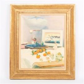 Pierre Roussel Oil on Canvas "Nature Morte Aux Oranges": An oil on canvas by Pierre Roussel (French, 1927-1995) titled, Nature Morte Aux Oranges. This still life of oranges, hanging lamp, a photograph, and bird figurines is painted in hues of orange, blue, and cream. It is signed at the lower right. This piece is displayed in a sizable gold-tone wood frame with a linen inner rim.