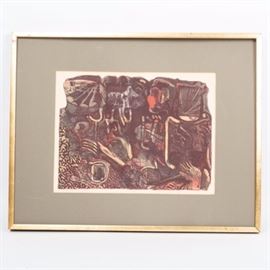 Daniel B. Freeman Collagraph "I See Fred's Empty Head": A collagraph by Daniel B. Freeman (American, 20th century) titled I See Fred’s Empty Head. This colorful, complex print features industrial scenes, inverted photographic elements, and a multitude of textures. The artist’s signature, the piece’s title, and “T/P” are written by hand outside the plate. This print is displayed in a grey mat and gold-toned wood frame.