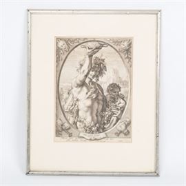 After Hendrick Goltzius Engraving "Bacchus": A reproduction engraving after Hendrick Goltzius (Dutch, 1558-1617) titled Bacchus. Bacchus, the Roman god of agriculture, wine, and fertility, is depicted raising a drinking vessel in one arm and cradling grapes in the other. His portrait, enclosed in an oval shape, is bordered by satyrs and wineglasses. The piece has an ivory mat and silver-tone, black-speckled wood frame.