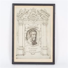 Florentine Lithographic Print "Disegni di Diversi Pittori": A Florentine lithographic print titled Di Diversi Pittori. The piece depicts an oval portrait of a man, perhaps Giorgio Vasari, flanked by a columned archway with cherub-adorned pediment. A mark to the bottom right reads “Firenze” (Florence) topped with a crown. It has a black wooden frame.