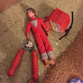 Vintage superman hand grips, Mork Doll with space pack.