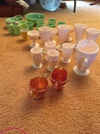 Fire King Jadeite Restaurant ware, Jeanette Pink Thumbprint milk glass, carnival glass.