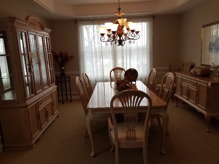 Solid Light Bleached Wood Dining room set extension table,  with 2 leafs, 8 chairs Buffet, China cabinet
