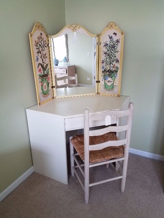 Pine corner desk (vanity desk/mirror), with drawer and matching vanity mirror.