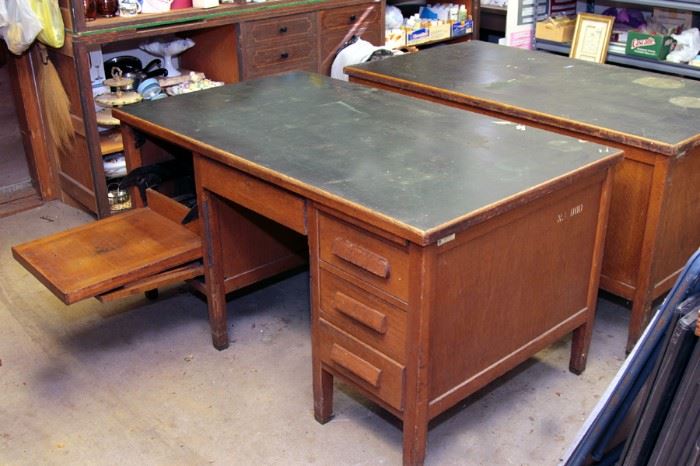 2 each - 50's style oak desks w/ fold out typewriter drawer