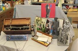vintage surveyor's transom /  antique calligraphy pens / minuteman / minutewoman statues / hundreds of classic vinyl LP's