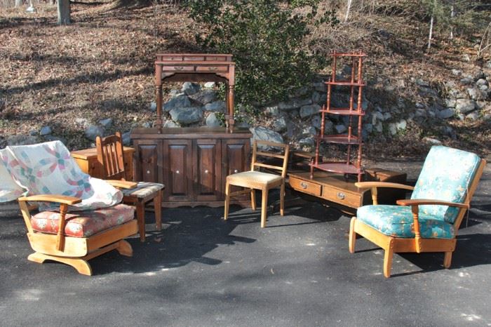 various furniture: chairs, coffee tables, armoirs, sewing table, hamper, corner shelf