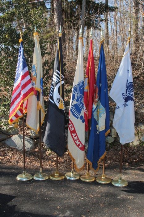 flags, flags, flags and more flags w/ or without flag poles / pedestals: US, NJ, POW-MIA, most of the 50 state flags, and military service flags