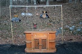 solid oak side table w/ leaded glass door inserts, tiffany style and several other interesting hanging  lamps