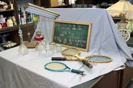 oillamps / desk lamps / cut glass decanter / collection of local arrowheads / tennis & racquetball racquets