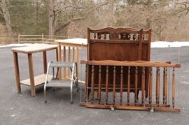 butcher block end table / 2 step metal stool / vintage solid wood crib / solid wood high top table 