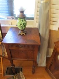 19th c. French oil lamp, French Louis XVI style nightstand 