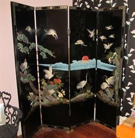 vtg Chinese 4 panel high relief room divider 