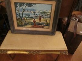 Oil painting Signed, plus marble top low table