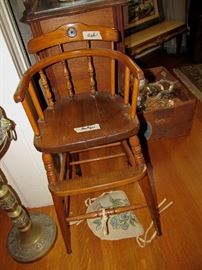 Antique solid oak Child's doll high chair, looks large in this photo. 