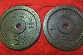 Many barbells and bar in shed attic. Will be available on Monday. 