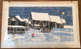Lowell Naeve.  1917-2014.  "Vermont Winter".  Wood Block Print.  12x8.
