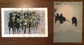 Wood Bock Prints: at left Shiro Takagi. 1934-1998.  "Horses in Woods".  Printed in 1972.   At right by Ogata Korin.  1658-1716.  "Crows and the Moon".  5x7.  Printed between 1868-1912