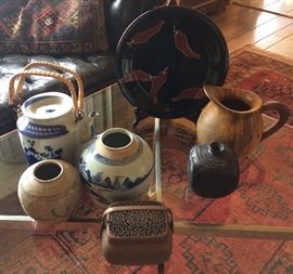 Antique Burl Pitcher, Mineo Mizuno Plate, Chinese Jar, Hand Warmer, Maria-Style Pottery