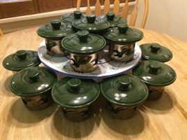 Set of 12  1950's Bauer Olive Green Individual Covered Ramekins in Brass Finished Metal Holders...Rare