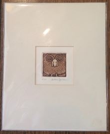 Barbara Garrison.  b. 1931.  "Ram".  Etching.  3x3. Celebrated Children's Book Illustrator. 