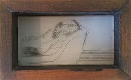 Daniel Cytron.  20th Century.  "Sleeping Girl".  Ink on Glass.  6x4. 