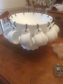 Milk glass punch bowl and cups