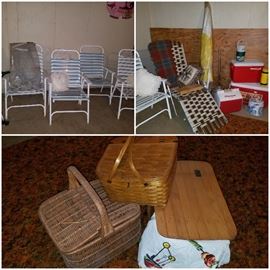 Outdoor lounge and sitting chairs like new, picnic baskets