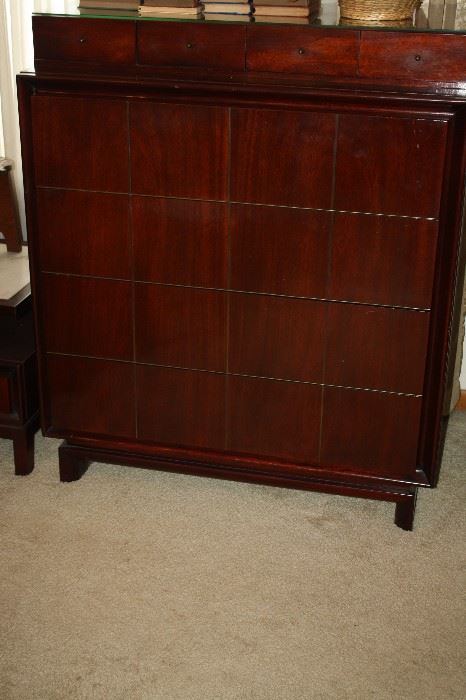 MID CENTURY DRESSER  ~ . CHEST , DREESER + MIRROR , 2 NIGHT STANDS WITH MARBLE TOP. 